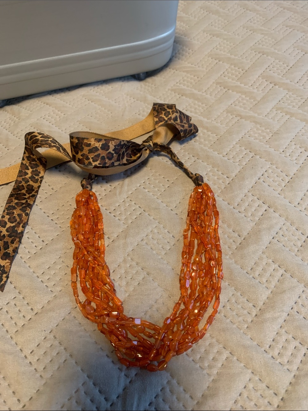 Bold Orange Multi-Strand Beaded Necklace with Leopard Ribbon